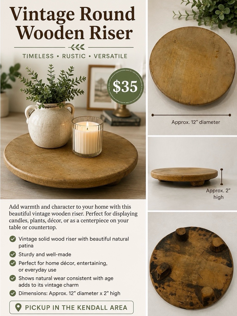 Vintage Round Wooden Riser - Natural Wood $35